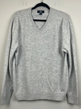 Lands' End 100% Cashmere Light Heather Gray V-Neck Sweater Men's Size Large